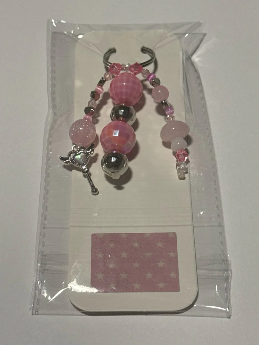 Pink Beaded Keychain Charm with Silver Accents